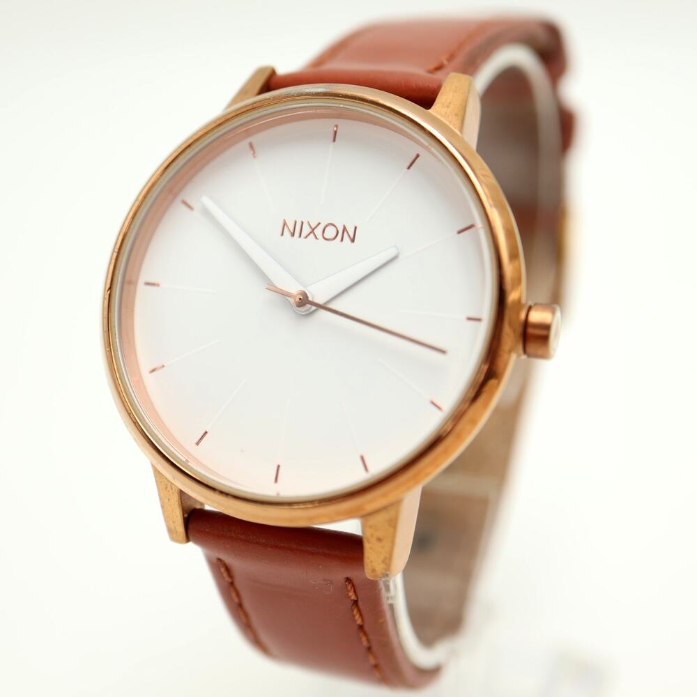 Nixon Kensington Rose Gold Tone White 37mm Watch Brown Leather w New Battery